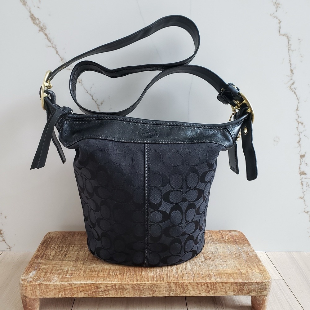 Coach Crossbody Bag Bleeker Black Signature Canvas Leather Trim Bucket‎ Purse